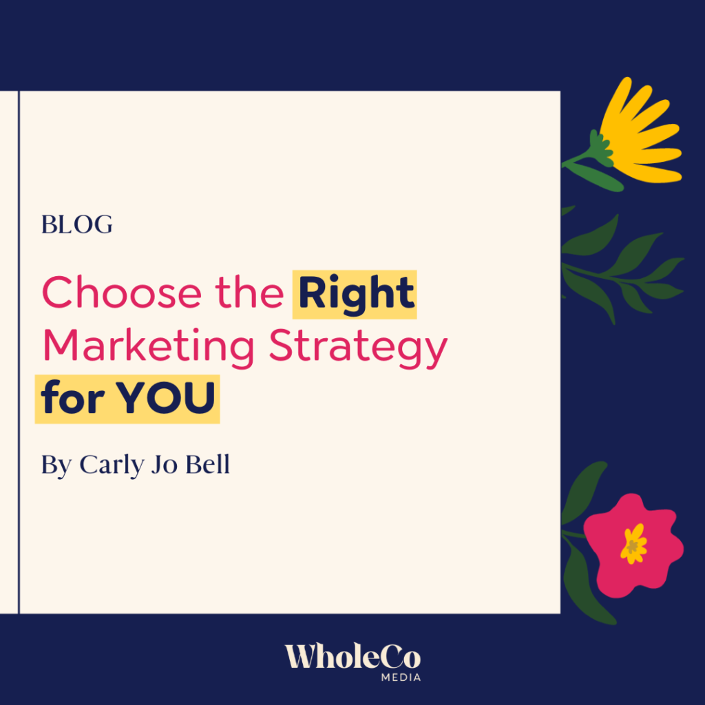 Blog graphic: Choose the Right Marketing Strategy for YOU by Carly Jo Bell at WholeCo Media